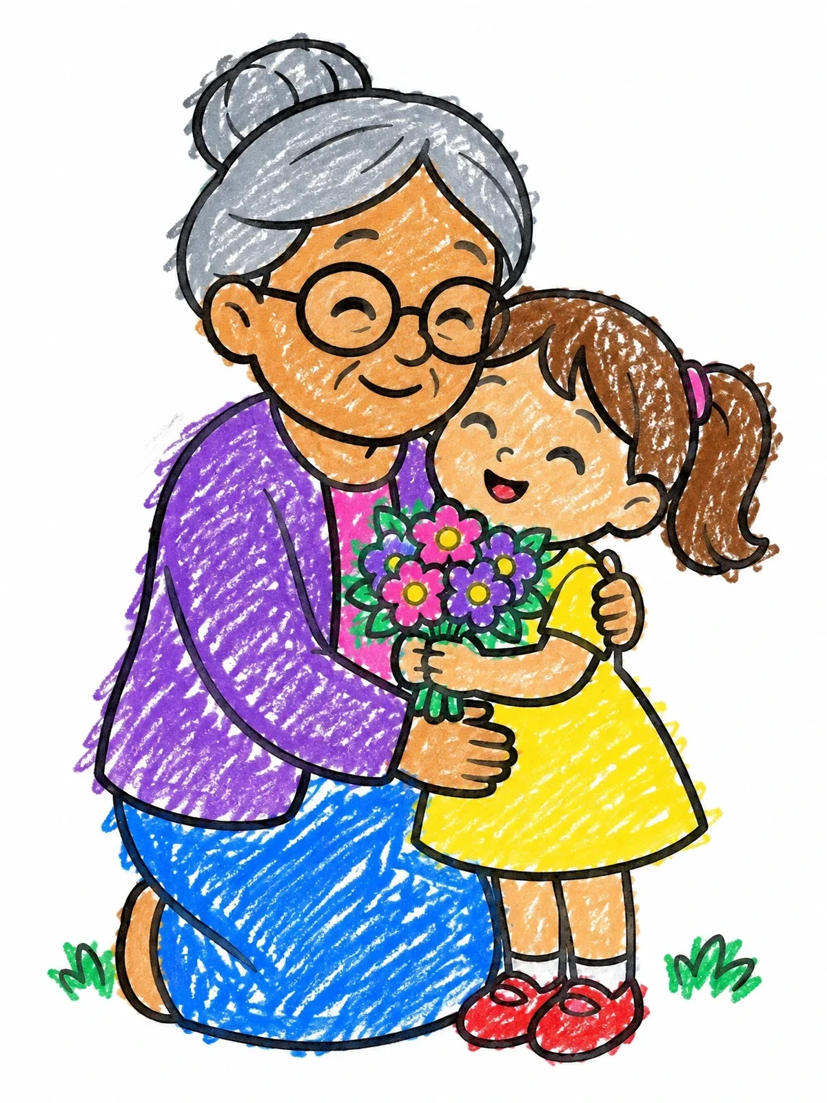 Colored example of the Grandmother Hugging Her Granddaughter With Flowers coloring page