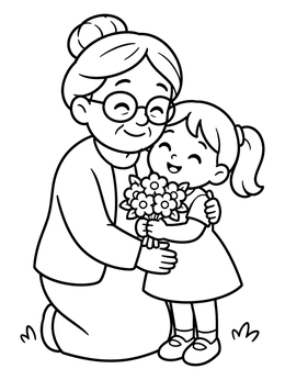 Free printable Grandmother Hugging Her Granddaughter With Flowers coloring page