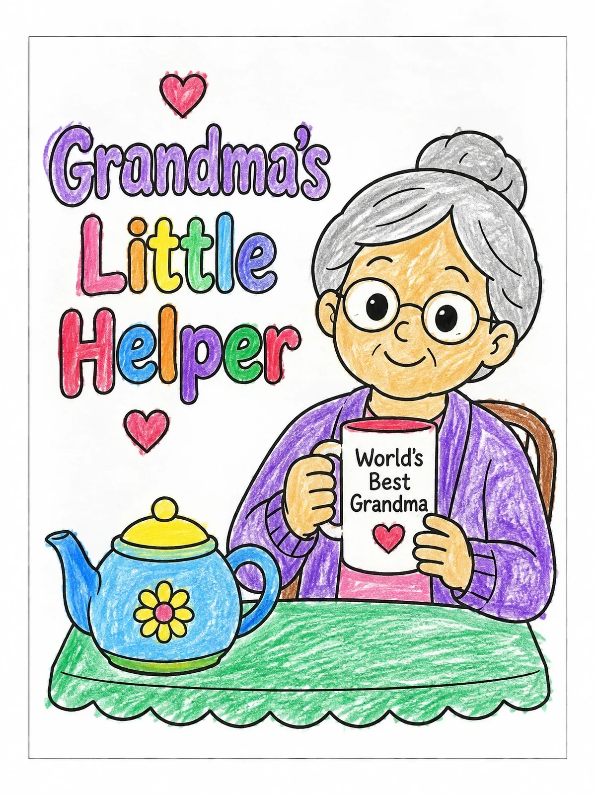 Colored example of the Grandma With Mug And Teapot coloring page