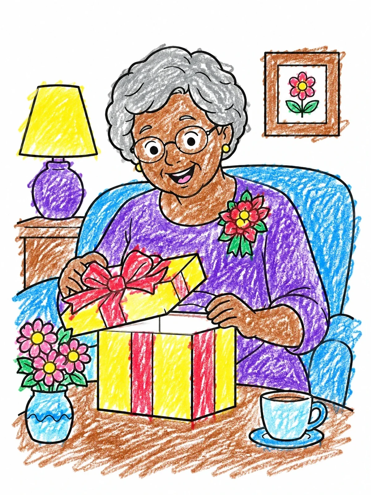 Colored example of the Grandma Opening A Gift Box coloring page