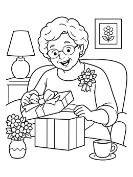 Free printable Grandma Opening A Gift Box coloring page