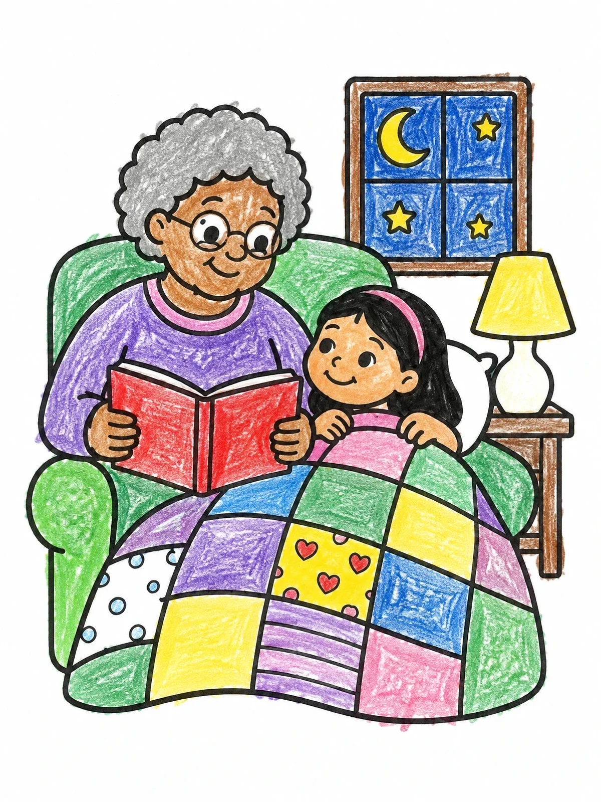 Colored example of the Grandma Reading A Bedtime Story coloring page