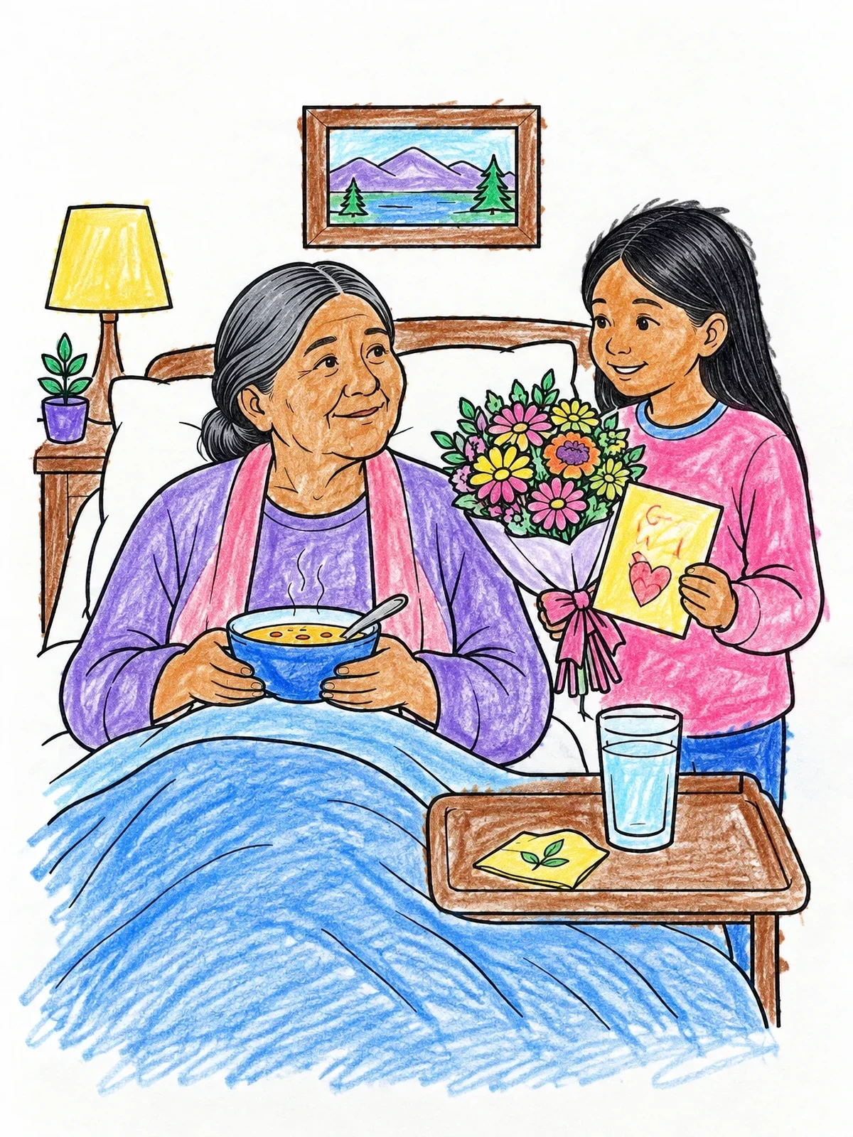 Colored example of the Grandma Receiving Get Well Flowers coloring page