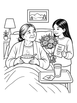A sweet grandma coloring page showing a granddaughter visiting her in bed with flowers.