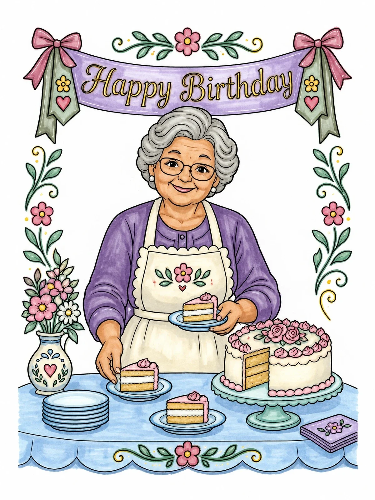 Colored example of the Grandma Serving Birthday Cake coloring page