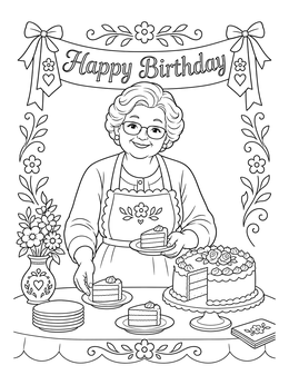A smiling grandma coloring page showing her serving cake under a Happy Birthday banner.