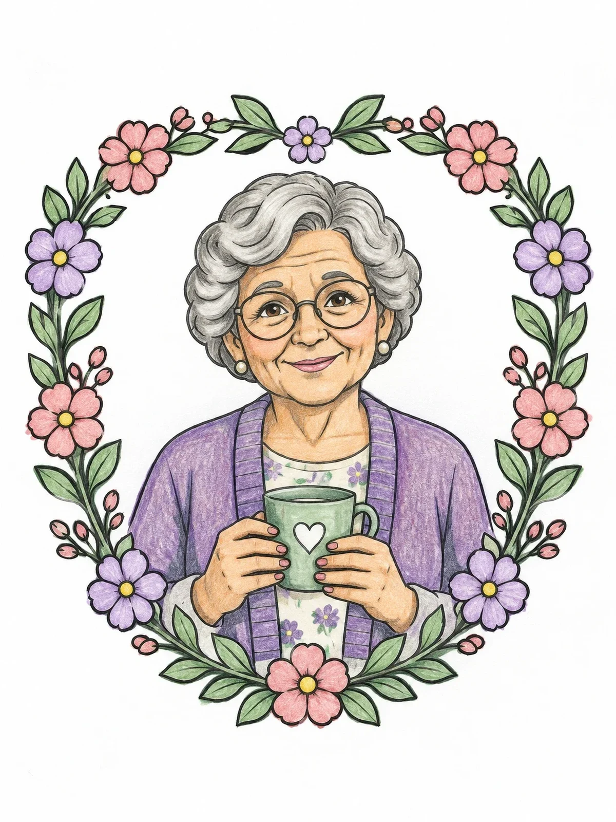 Colored example of the Smiling Grandmother With Floral Wreath coloring page