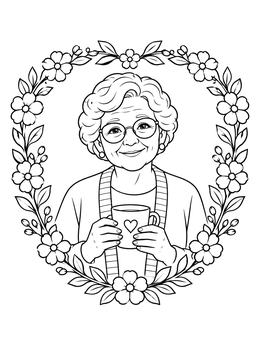 A cheerful grandma coloring page with floral wreath and warm mug.