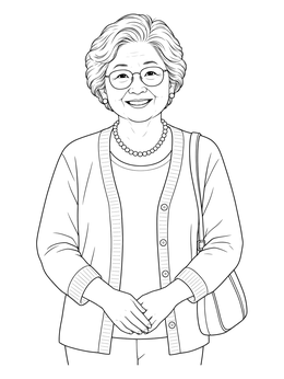 A smiling grandmother with glasses in this grandma coloring page.