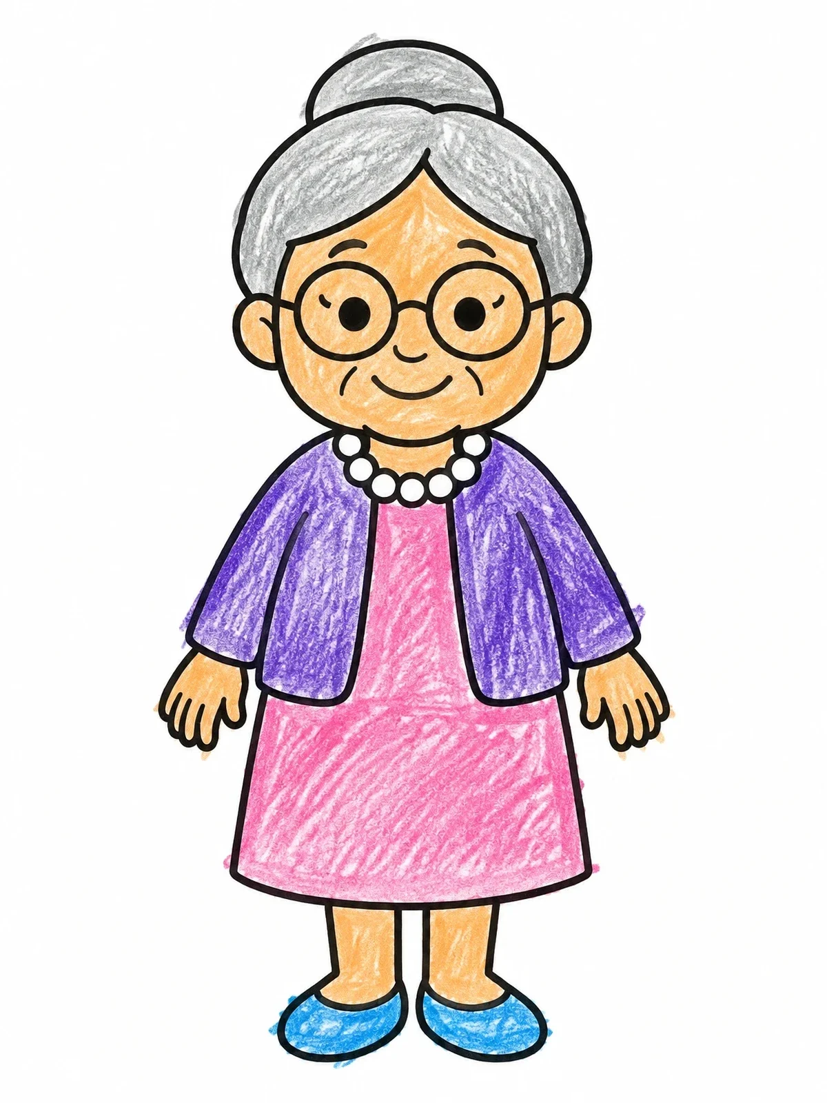 Colored example of the Smiling Grandmother With Glasses And Bun coloring page
