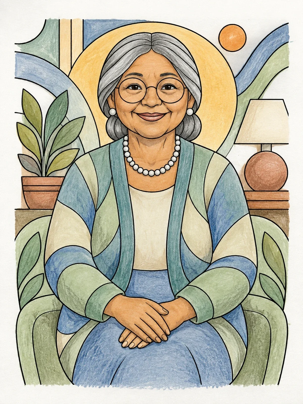 Colored example of the Smiling Grandmother In Armchair coloring page