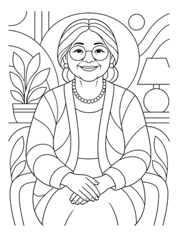 A smiling grandmother with glasses in an armchair on this grandma coloring page.