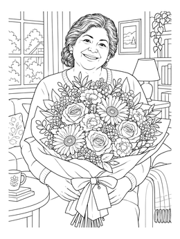 A smiling grandmother holding flowers on this grandma coloring page.