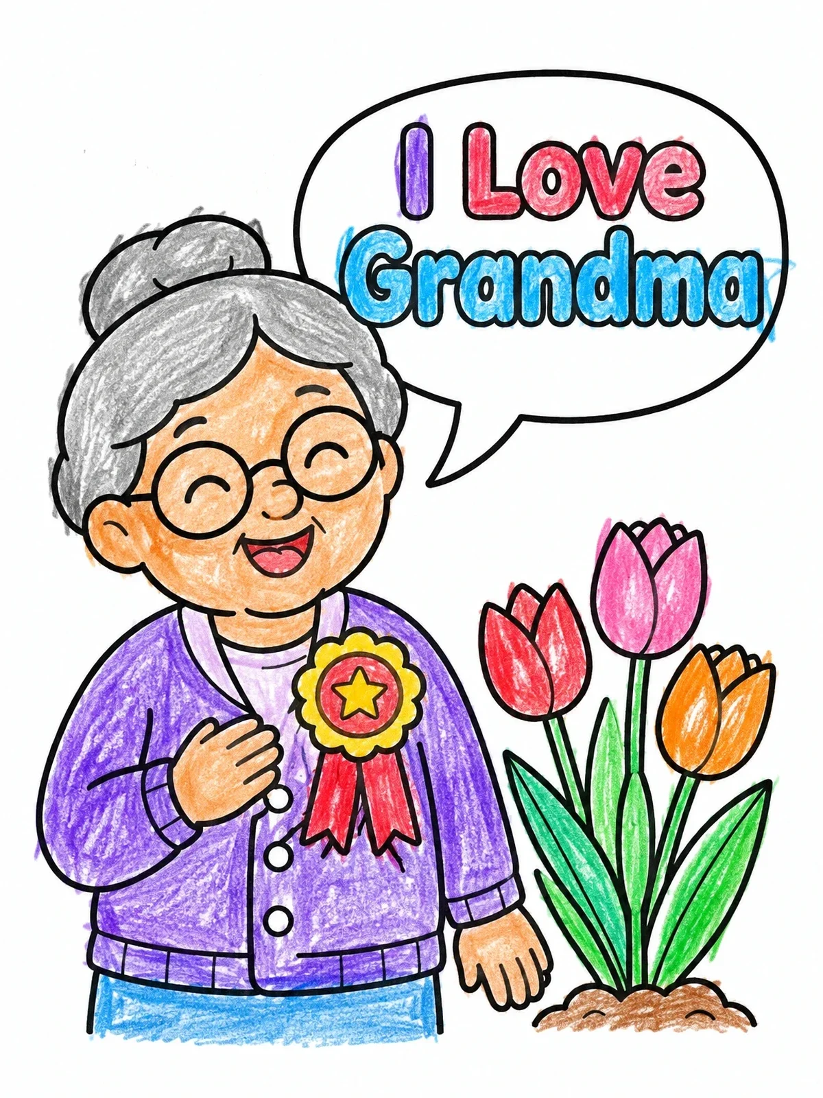 Colored example of the Grandma With Prize Ribbon And Tulips coloring page