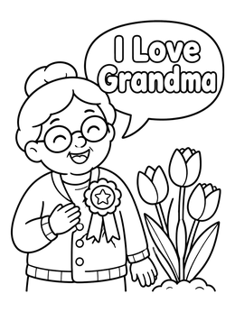 Free printable Grandma With Prize Ribbon And Tulips coloring page
