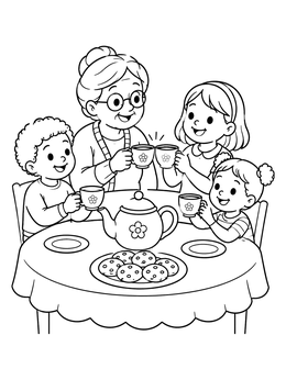 Free printable Grandmother Having Tea Party With Grandchildren coloring page