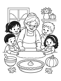 A thanksgiving symbols coloring page showing a grandmother and kids rolling pie dough.