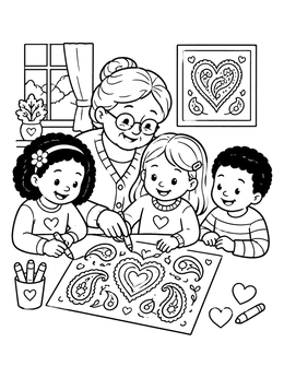 Free printable Grandmother Crafting Paisley Hearts With Children coloring page