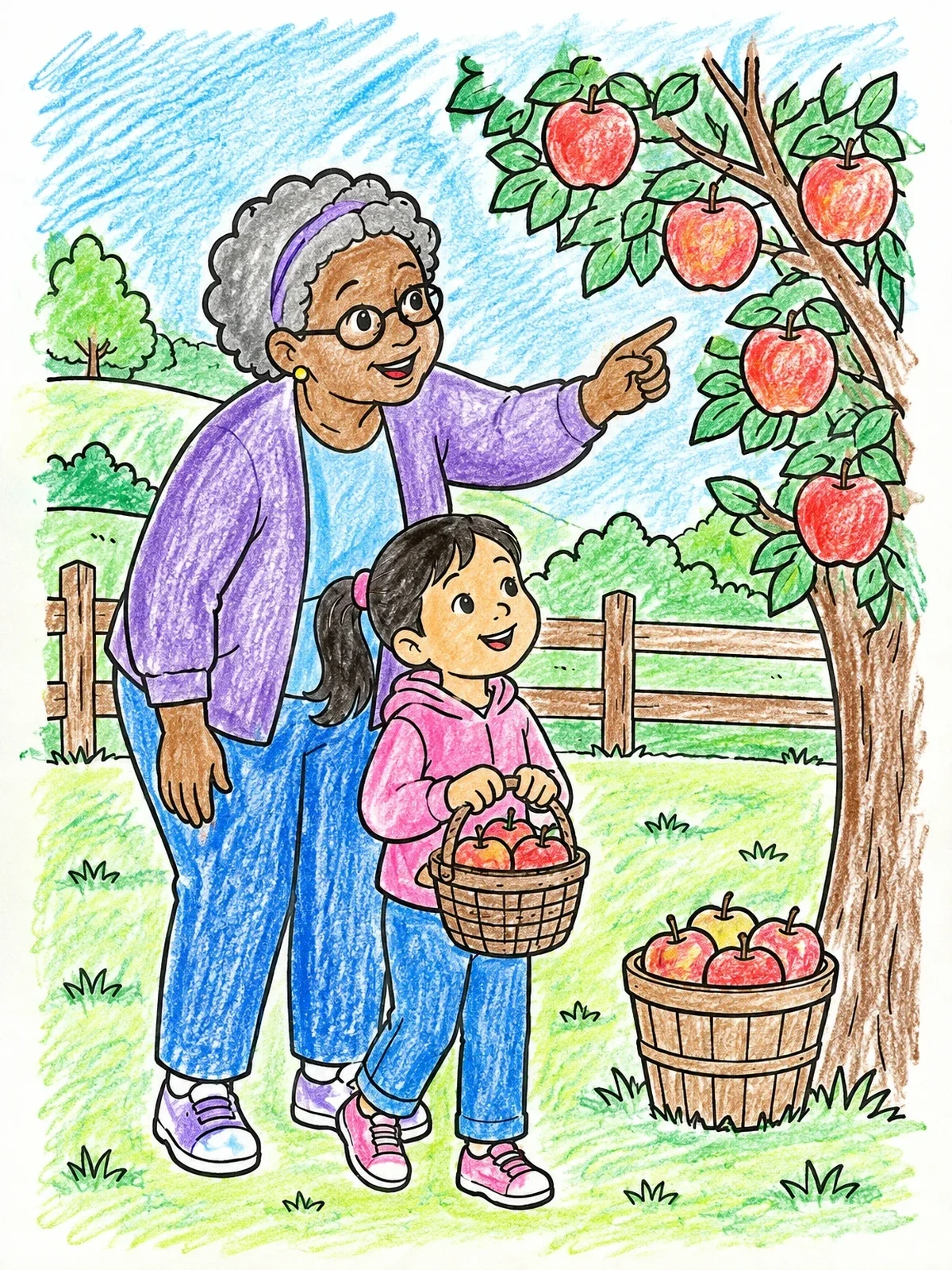 Colored example of the Grandmother And Girl Apple Picking coloring page