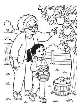 Free printable Grandmother And Girl Apple Picking coloring page