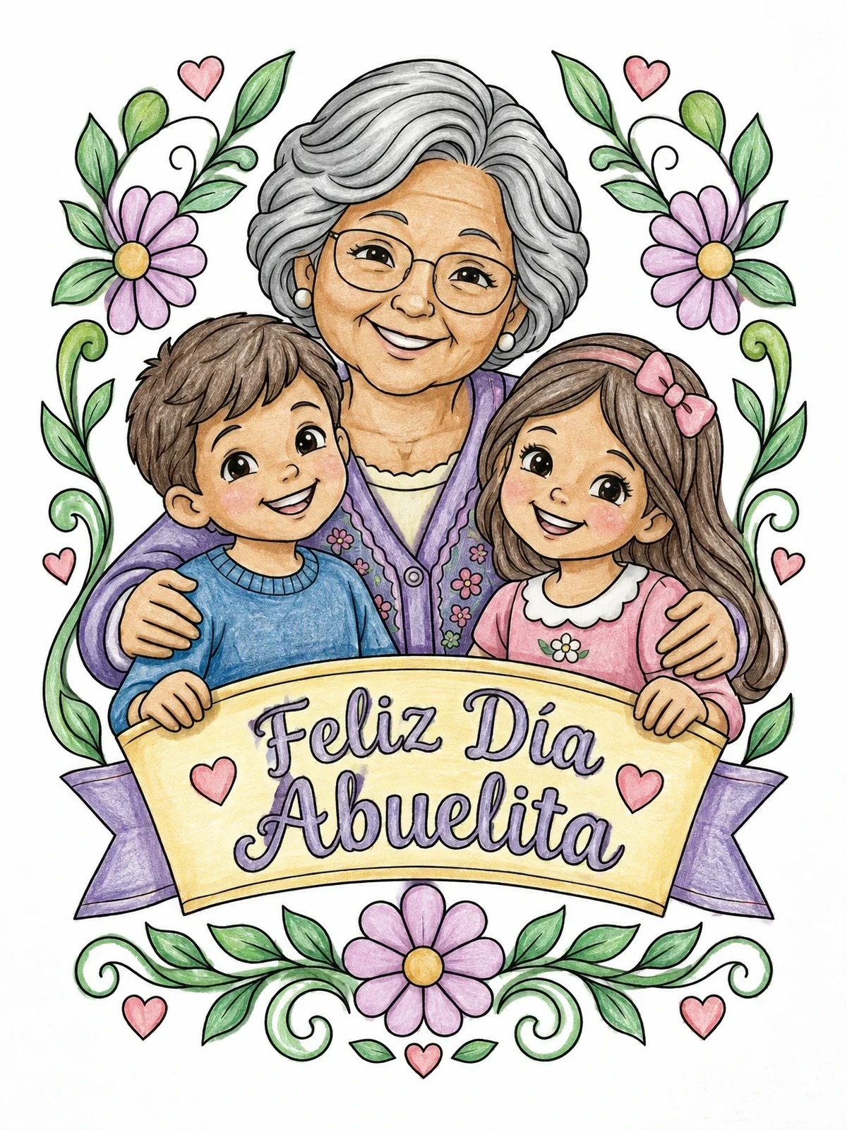 Colored example of the Grandmother Hugging Grandchildren With Banner coloring page