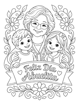 A sweet feliz dia de las madres coloring page showing a grandmother smiling with her grandchildren.