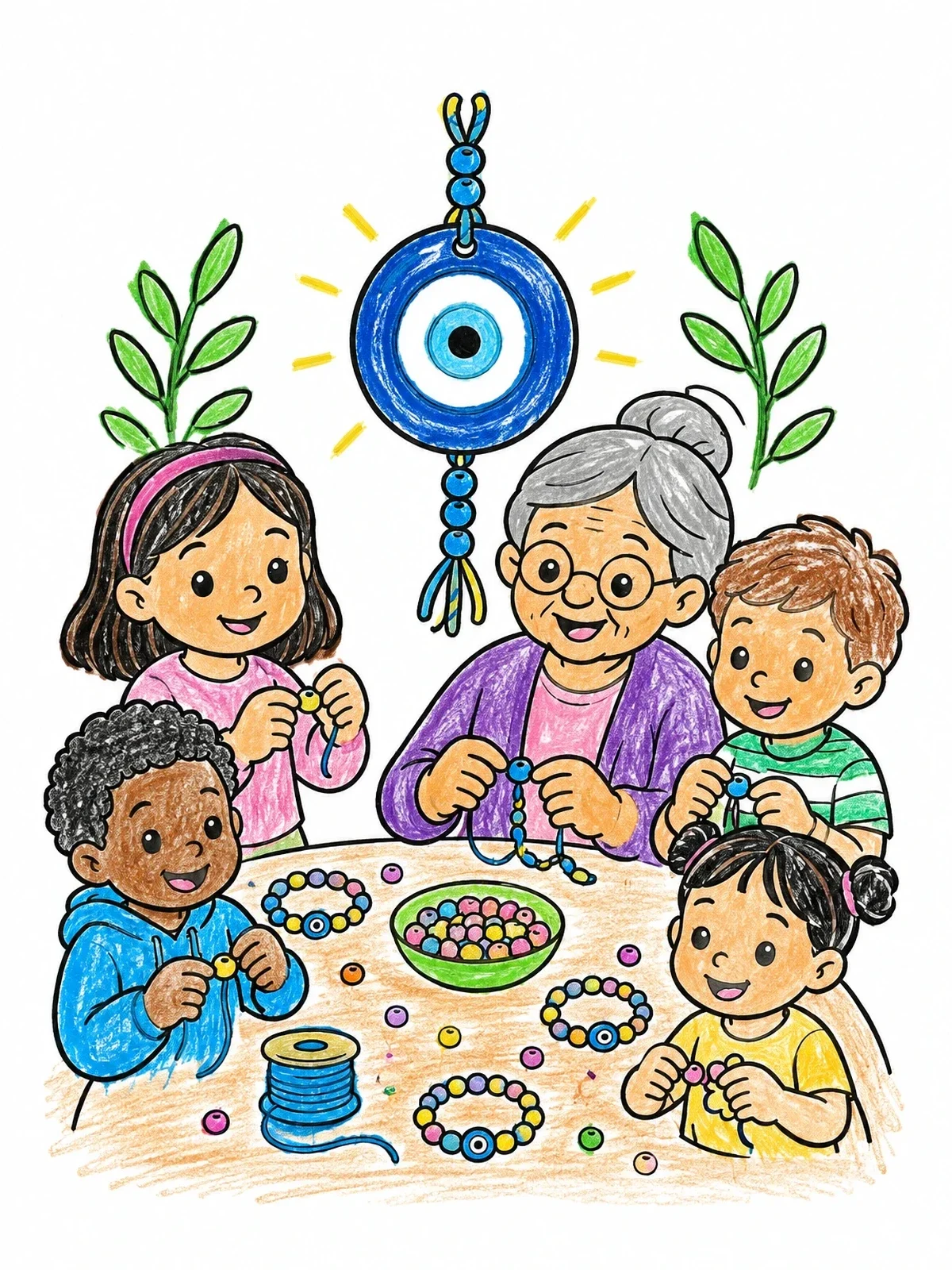 Colored example of the Grandmother And Children Making Nazar Bracelets coloring page
