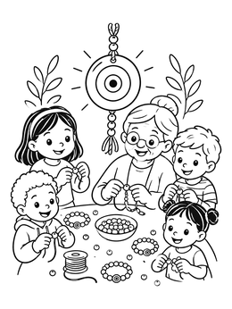 Free printable Grandmother And Children Making Nazar Bracelets coloring page
