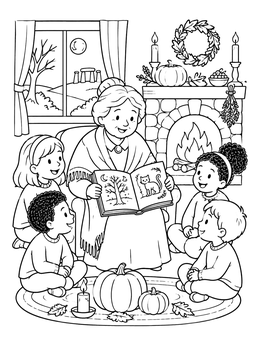 Free printable Grandmother Reading Samhain Stories By Fireplace coloring page