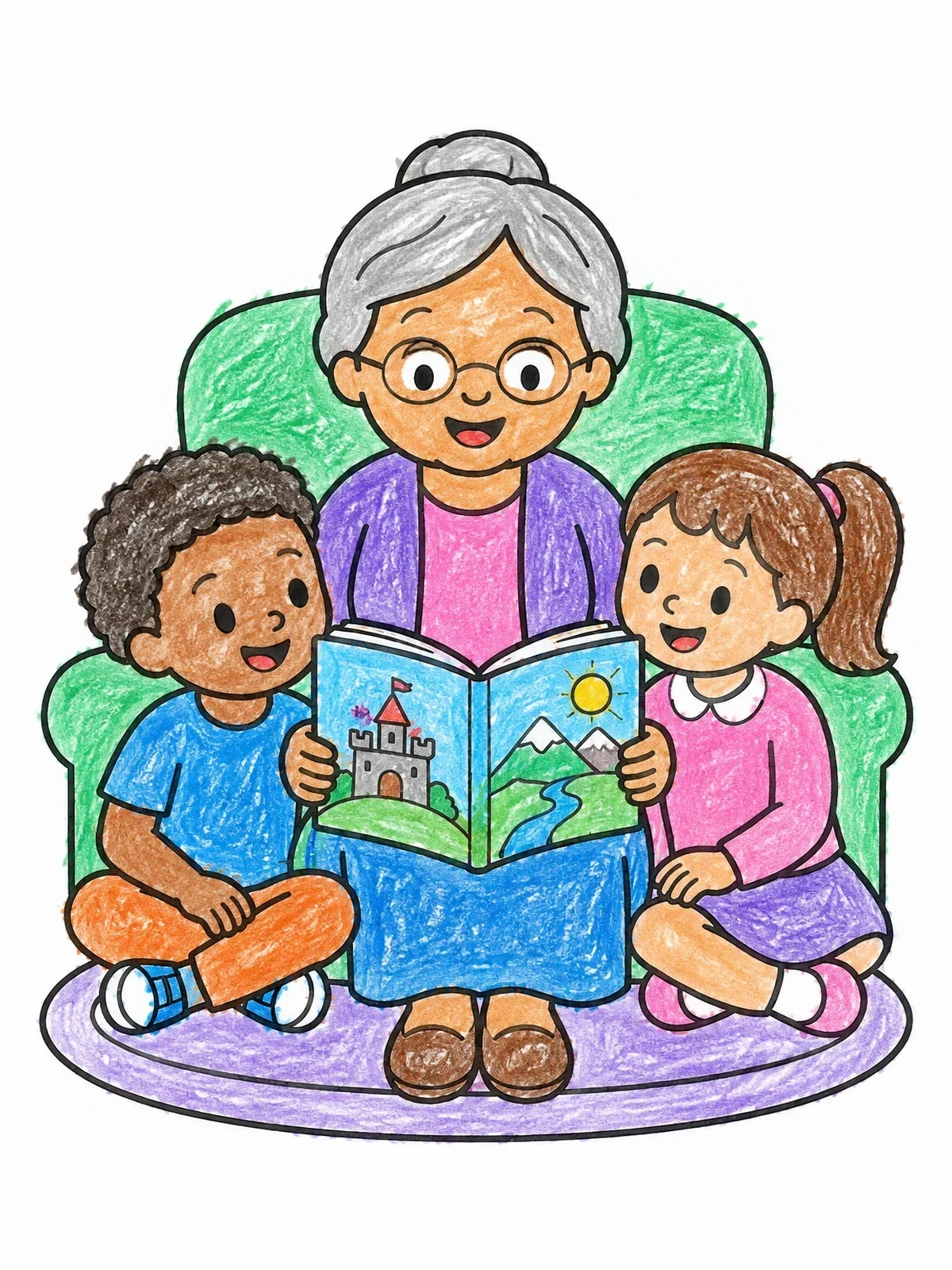 Colored example of the Grandmother Reading Storybook To Children coloring page