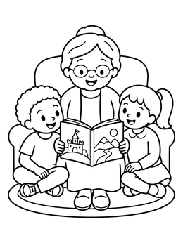 Free printable Grandmother Reading Storybook To Children coloring page