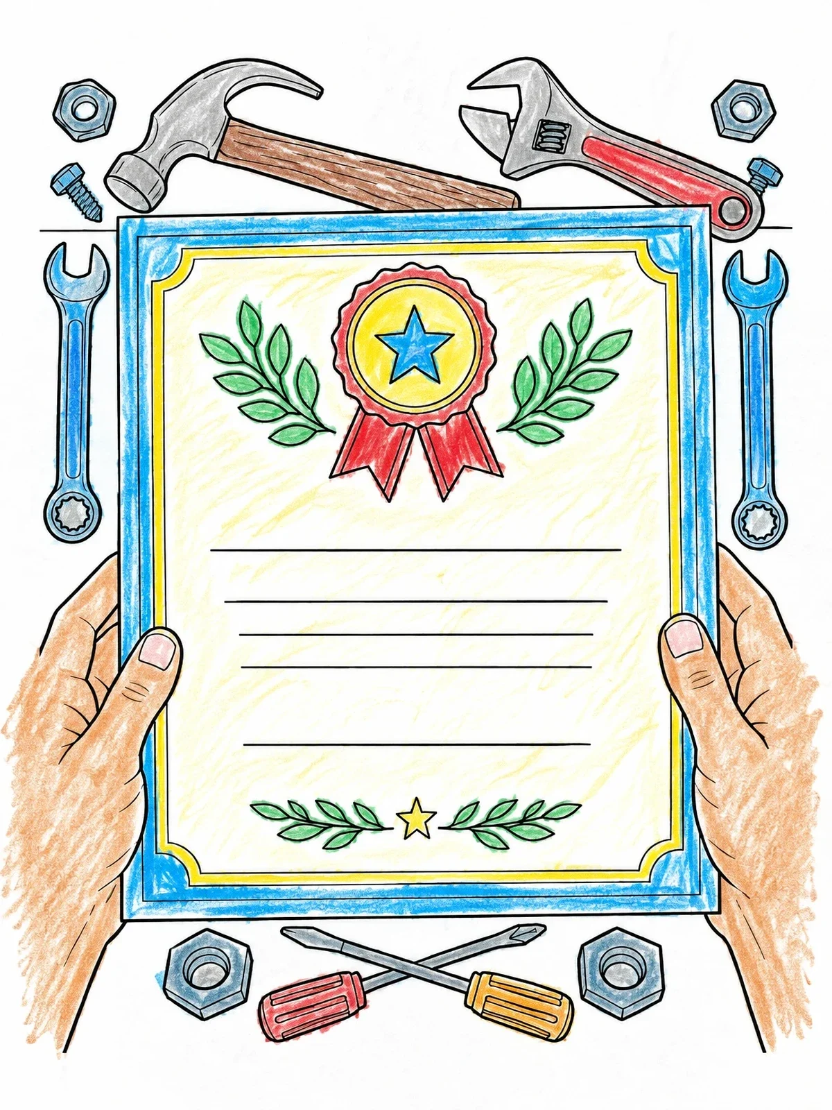 Colored example of the Father's Day Certificate With Tools coloring page