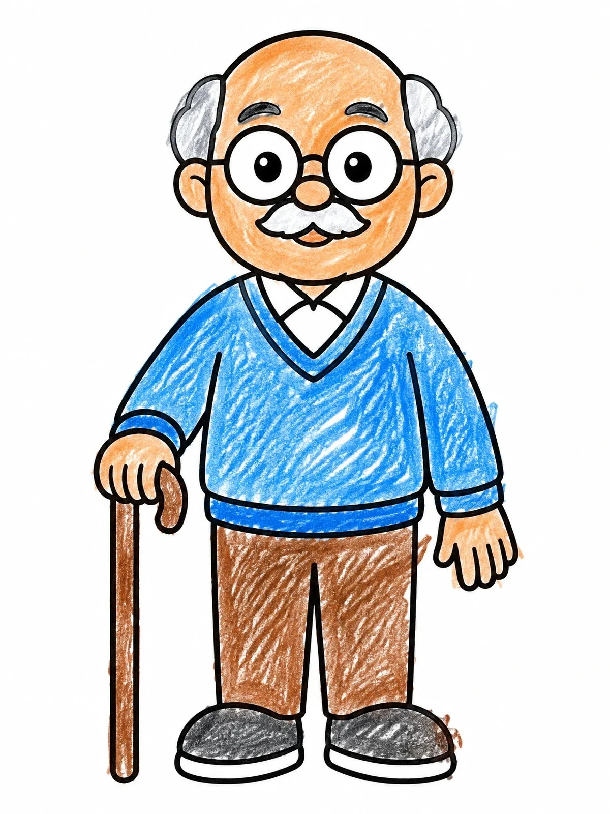 Colored example of the Friendly Cartoon Grandfather With Cane coloring page