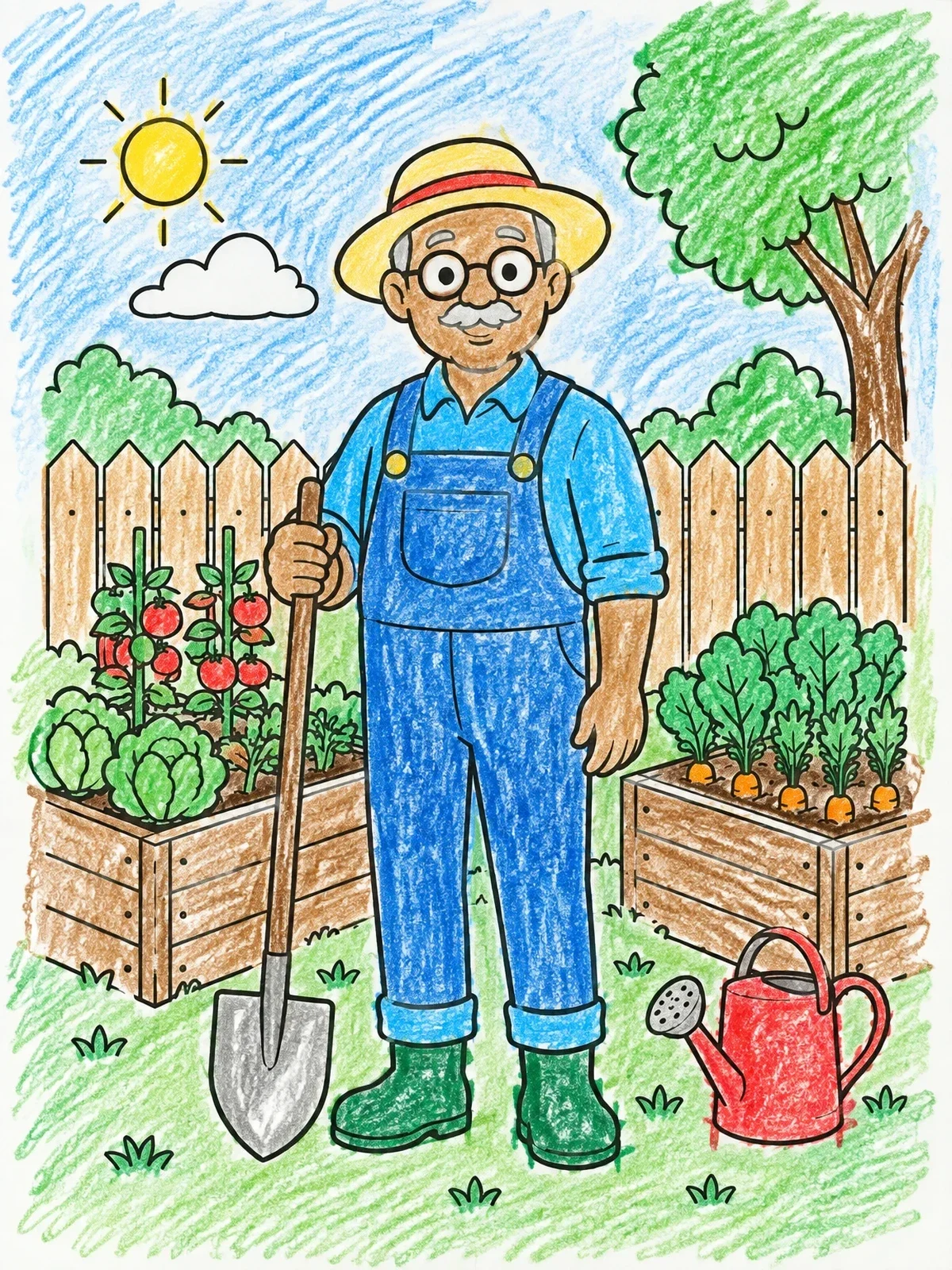 Colored example of the Grandpa In The Vegetable Garden coloring page
