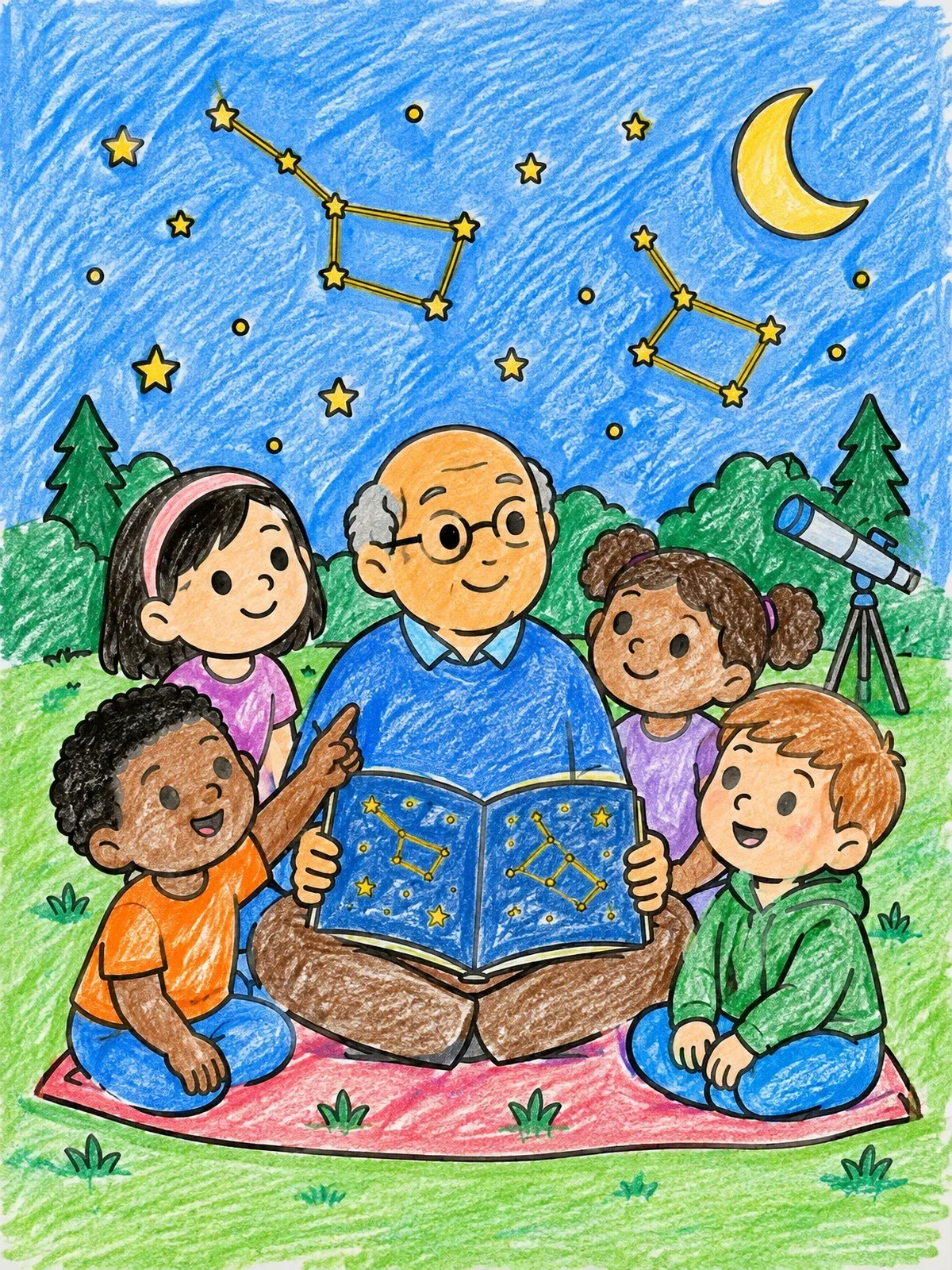 Colored example of the Stargazing With Grandpa And Constellations coloring page