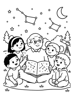 Free printable Stargazing With Grandpa And Constellations coloring page