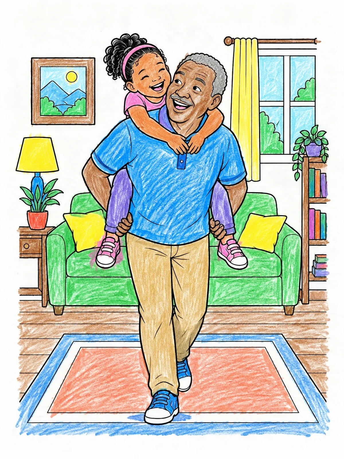 Colored example of the Grandpa Piggyback Ride In Living Room coloring page
