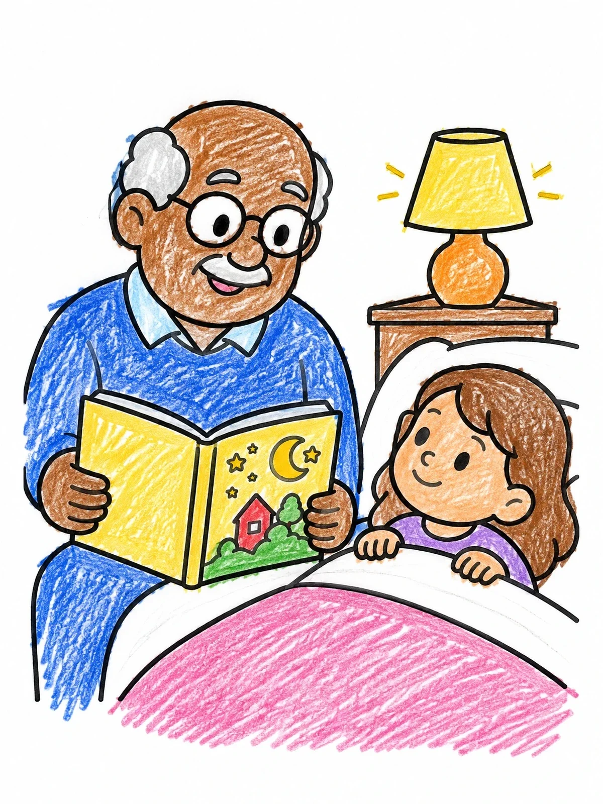 Colored example of the Grandpa Reading Bedtime Story coloring page
