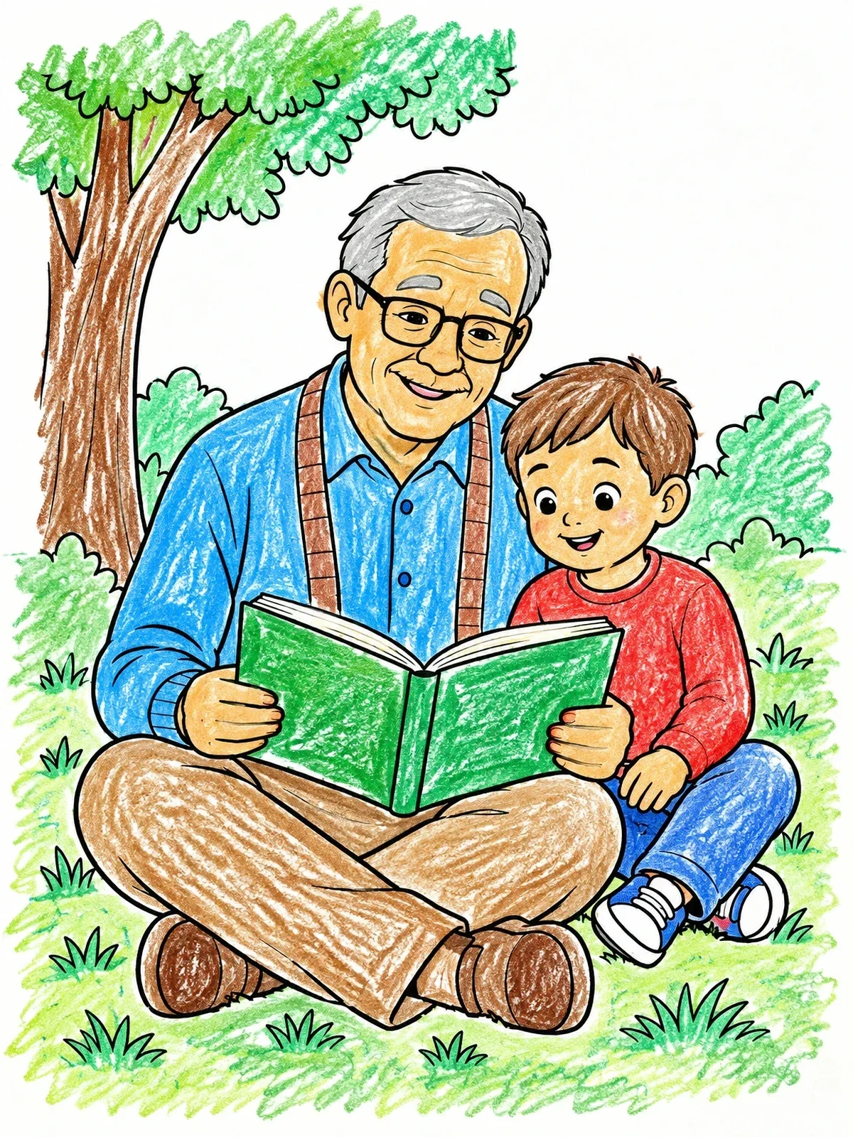Colored example of the Grandpa Reading With Grandson Outdoors coloring page