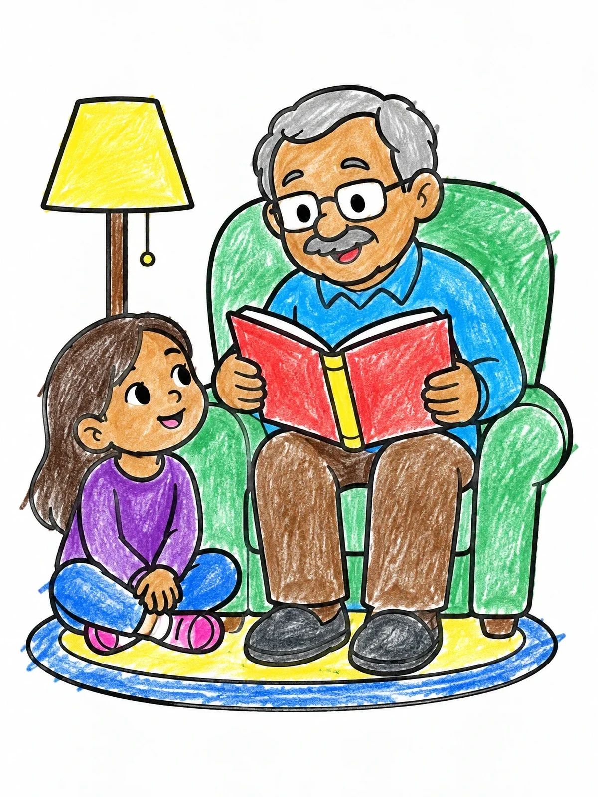 Colored example of the Grandpa Reading Story To Granddaughter coloring page