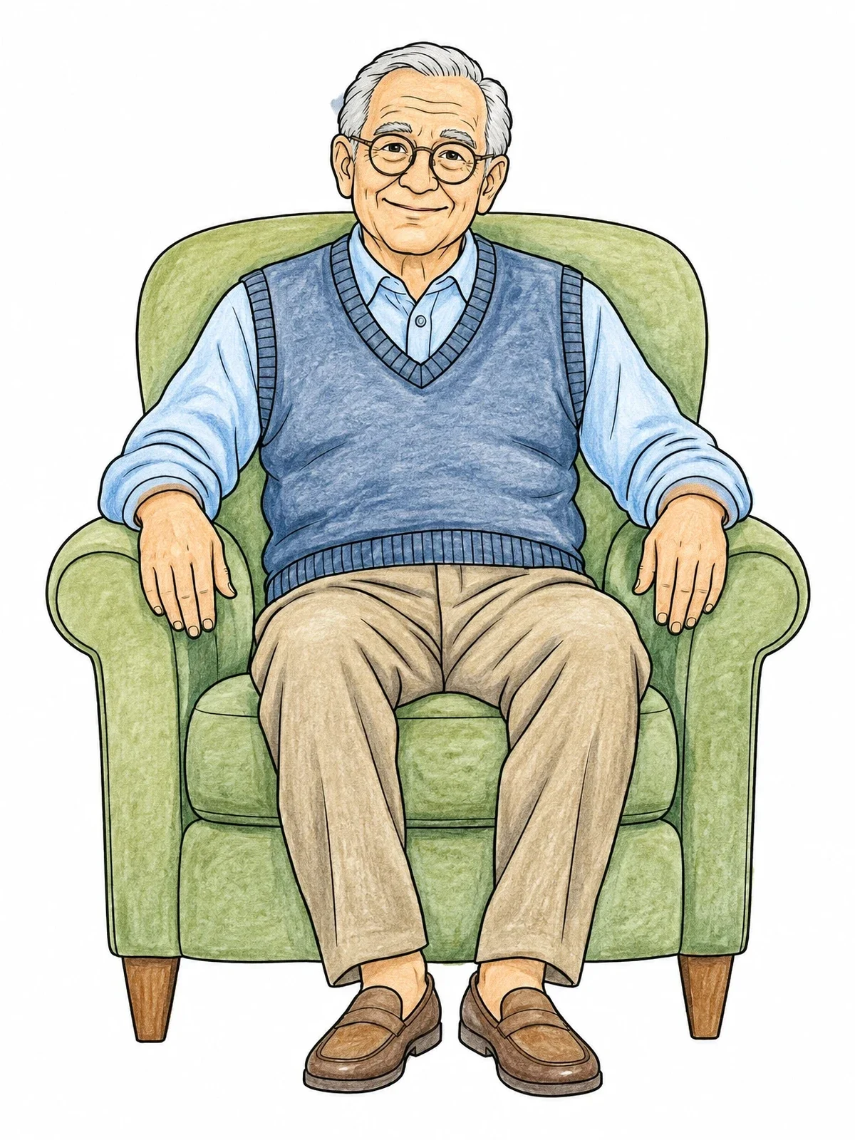 Colored example of the Smiling Grandpa In An Armchair coloring page