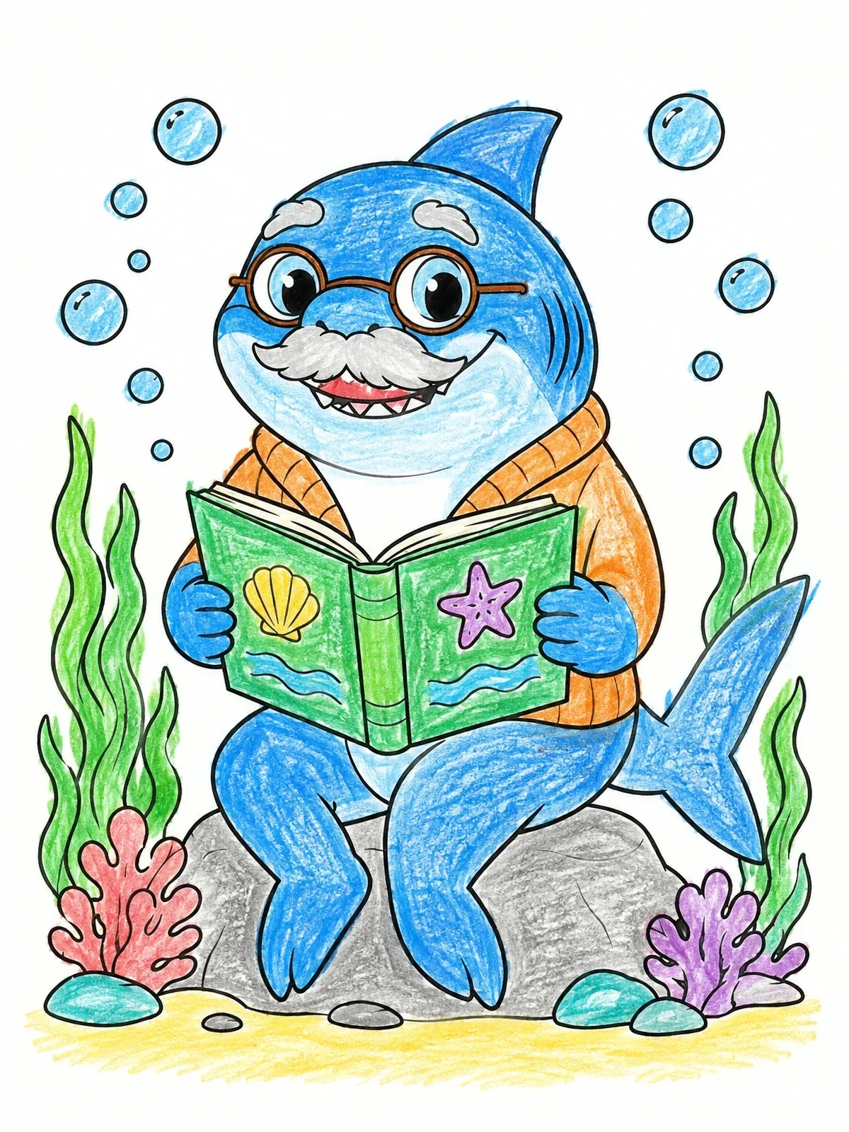 Colored example of the Grandpa Shark Reading Under The Sea coloring page