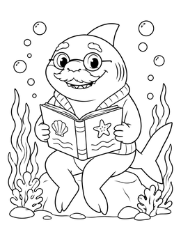 Free printable Grandpa Shark Reading Under The Sea coloring page