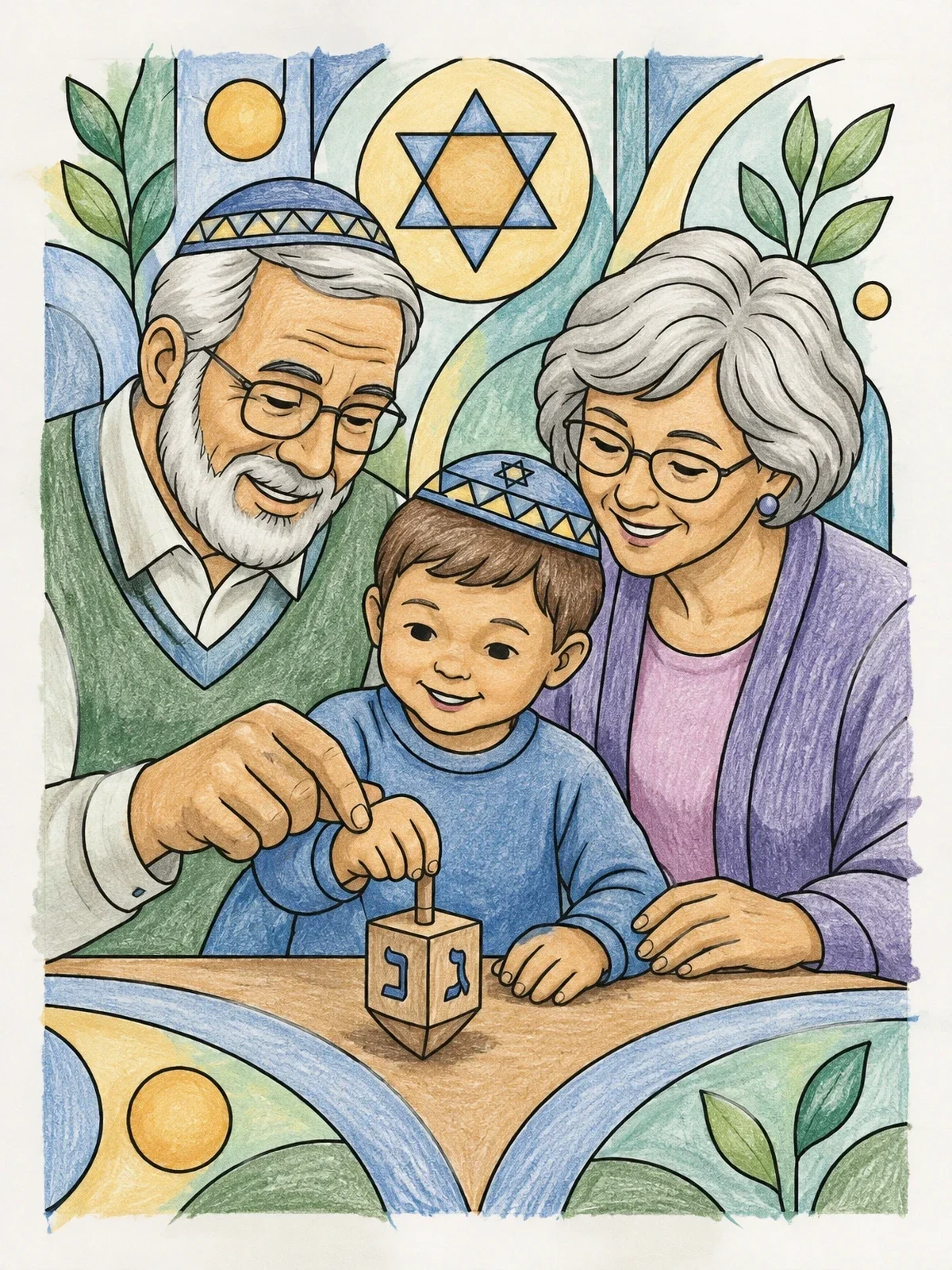Colored example of the Grandparents Teaching Grandchild To Spin Dreidel coloring page