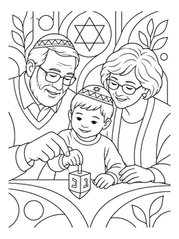 A dreidel hanukkah coloring page featuring grandparents teaching a young toddler how to spin a dreidel.
