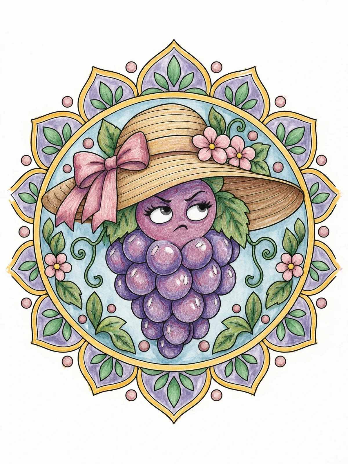 Colored example of the Annoyed Grape In Sun Hat Mandala coloring page