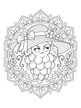 An eye-rolling bunch of grapes in an oversized sun hat on this grapes coloring page.