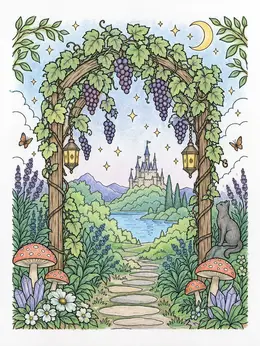 Grabes Drawing Grape Arbor Overlooking Castle – Grapes Coloring Page