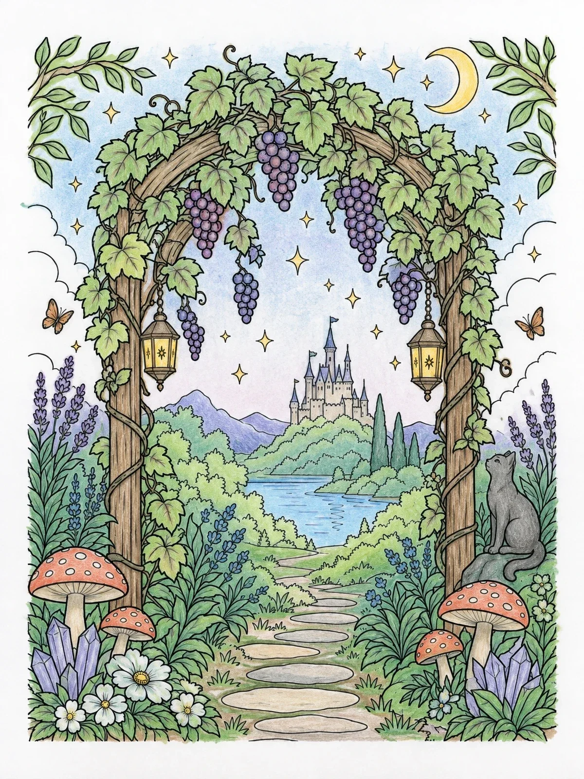 Colored example of the Grape Arbor Overlooking Castle coloring page