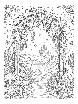 A magical grapes coloring page framing a distant fairytale castle and garden path.